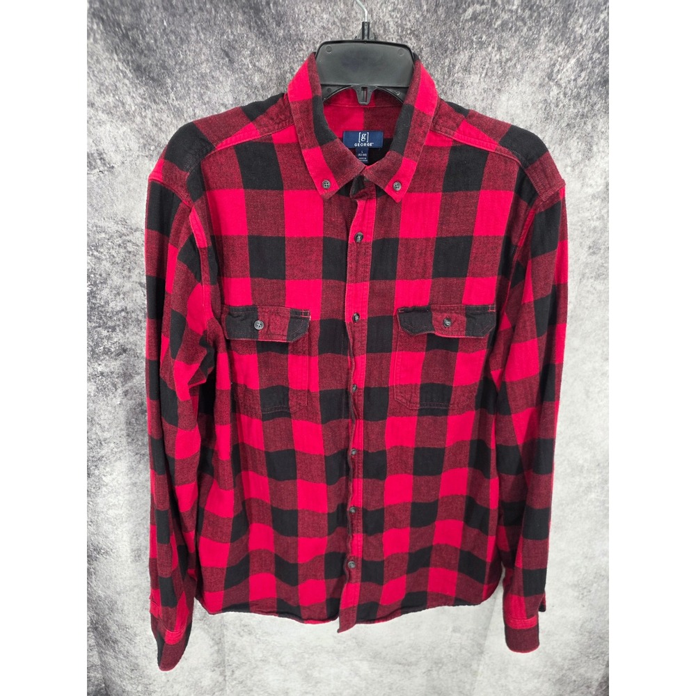 George Flannel Shirt Mens Large Red Buffalo Plaid Button Up Long Sleeve Outdoor